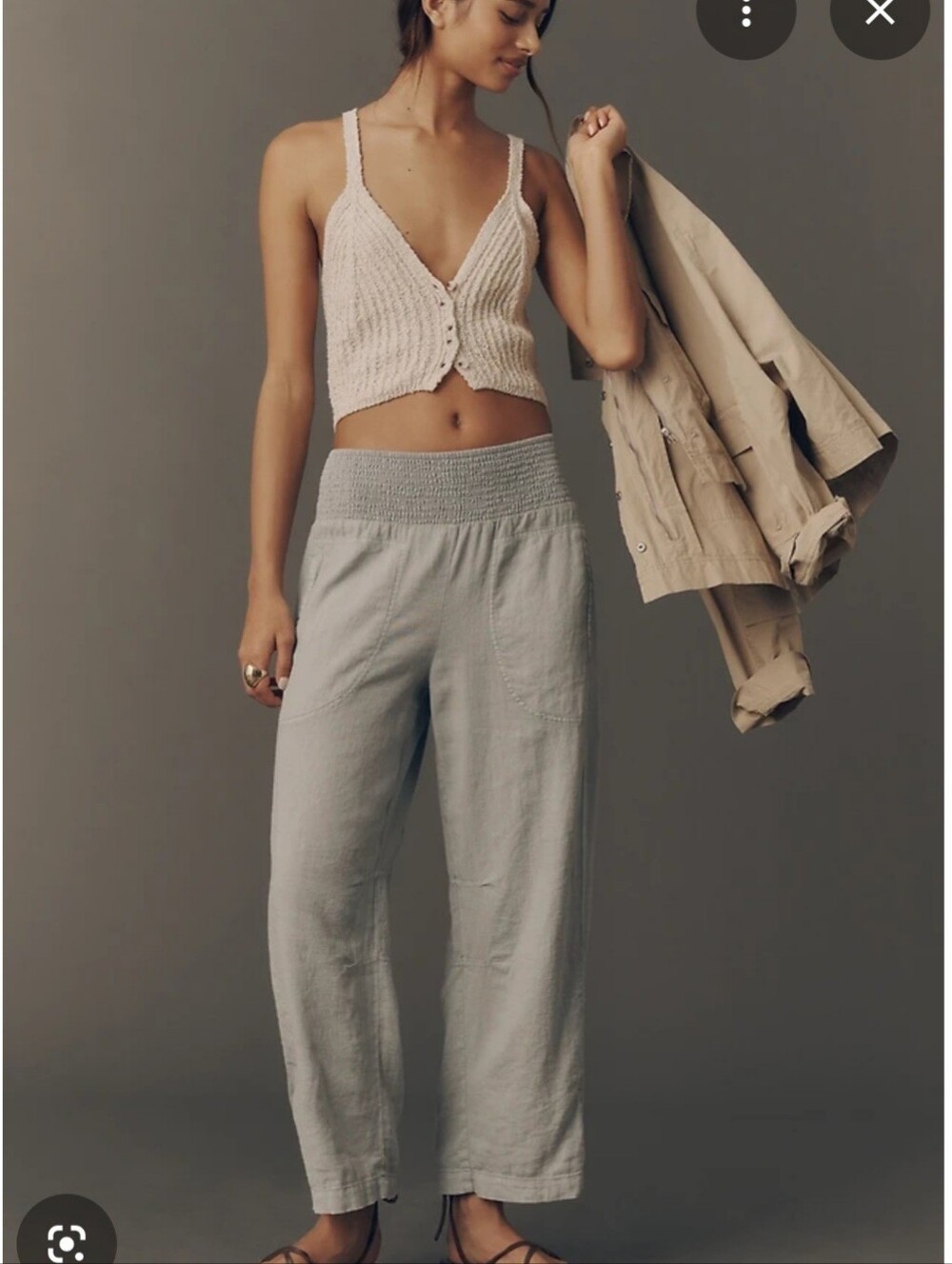Pilcro Reese Light Gray/Pale Green Smocked-Waist Barrel Leg Linen Blend Pants.